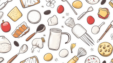 Baking cartoon tools and food seamless pattern. Kitchen utensils. Baking ingredients sugar, vanilla, flour, oil, butter, baking soda, cake, eggs. Cooking vector illustration.