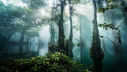 Obraz premium Un pantano brumoso exuda un ambiente místico con sus aguas ocultas, árboles cubiertos de niebla y un aura cautivadora de encanto y misterio, 4k