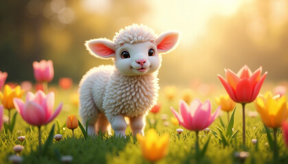 Cute lamb smiling among colorful flowers in bright sunlight