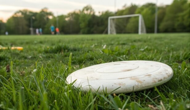 Worn Ultimate Frisbee Disc on Grass Near a Sports Field During Sunset Generative AI