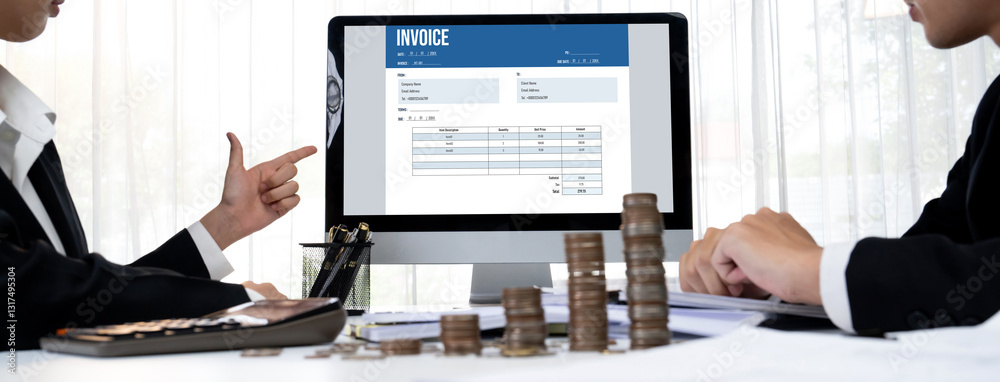 Poster invoice on computer screen from accounting application. computer program for financial and budget of