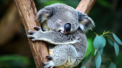 Obraz premium Adorable Sleeping Koala Clinging to a Tree Branch