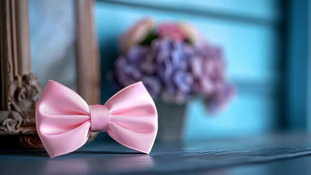 Delicate pink bow tie against a backdrop of floral arrangements and a picture frame