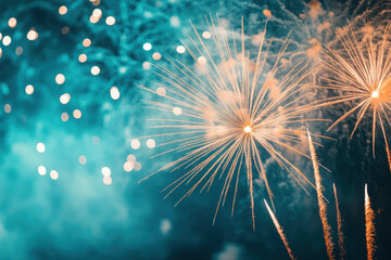 Dazzling fireworks bursting in the night sky, creating a mesmerizing display of golden and turquoise colors.