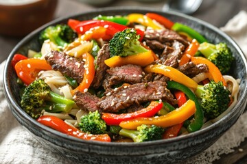 Colorful stir-fry in bowl. Includes noodles, beef, broccoli, and peppers