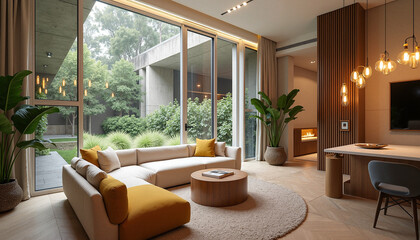 Fototapeta premium Modern living room with bright decor and large windows
