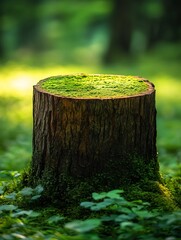 Moss growing on tree stump in lush forest setting