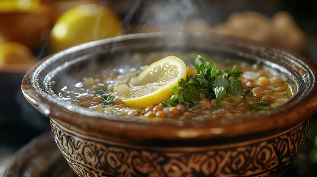 Steaming lentil soup, lemon, parsley, clay bowl, rustic kitchen