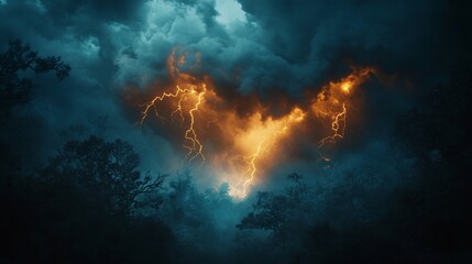 Fiery Lightning Strikes over Dark Forest Night Dramatic Thunderstorm Sky