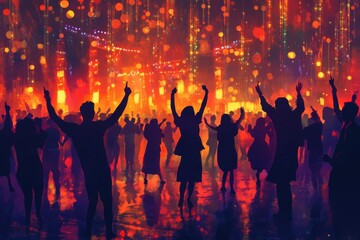 Guests joyfully dancing at a vibrant party, surrounded by dazzling lights and a shower of confetti, creating a celebratory mood.