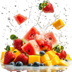 Fresh Watermelon Strawberries and Mango Scattering Isolated on Transparent Background