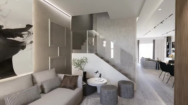 Apartment guestroom, dinning room and kitchen room luxurious interior visualization. 3d render animation of modern apartment interior design. Architectural sample for luxurious interior design.