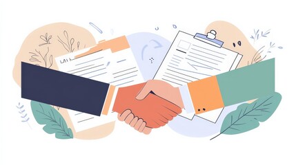 Two business professionals shaking hands over a contract with documents and foliage in the background