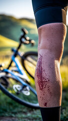 Naklejka premium Close-up of a leg with scrapes and bloodstains, blurry mountain bike in background, showcasing injury and outdoor activity
