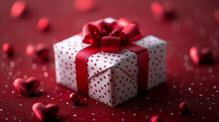 A Romantic Gift Box with a Red Ribbon and Hearts on a Red Background