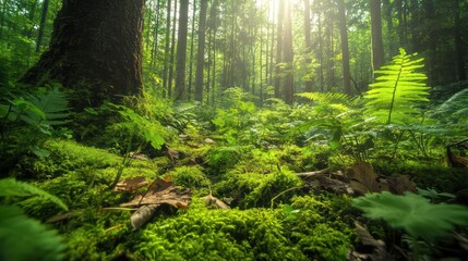 Sunlit forest floor, lush ferns, mossy ground, tranquil woods, nature background