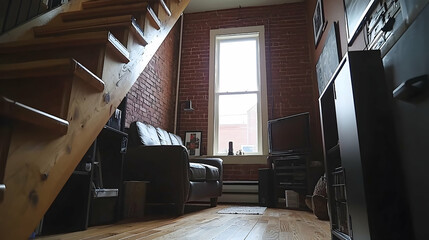 Fototapeta premium Loft apartment living room sunlight brick wall wooden stairs