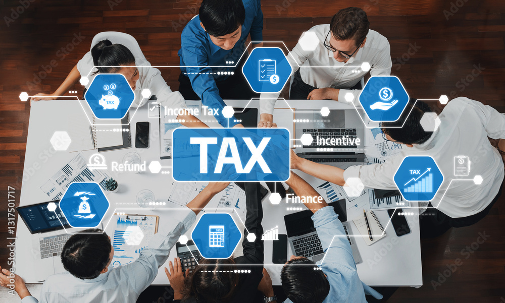 Poster Diverse business team engaging in tax planning and financial strategy discussions using digital interfaces, visual graphics, and collaborative teamwork to maximize efficiency. Amity