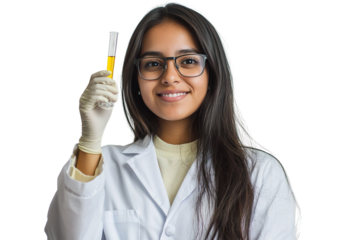Young woman with glasses and glass tube. cutout. transparent. png