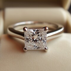 Close-up of a stunning engagement ring featuring a brilliant square-cut diamond set in a sleek polished metal band presented in an elegant display