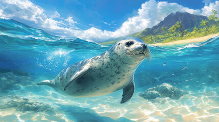 Fototapeta premium Hawaiian monk seal swimming animal hawaii mammal endangered species marine nature chuco aquatic lion character vector illustration