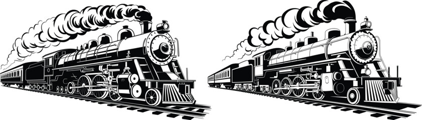 Two Vintage Steam Locomotive Black and White Train Illustration.