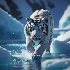 Majestic White Tiger Walking Through Icy Water in a Frozen Landscape