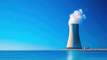 A nuclear power plant standing strong in the ocean with a minimalist focus and copy space for textual elements
