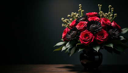 Moody style bouquet of dark red roses and black dahlias with deep green foliage, dramatic black backdrop, single spotlight creating shadows, mysterious and elegant framing