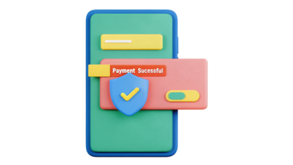 Secure Payment Process 3D Illustration, digital security interface on a mobile device.