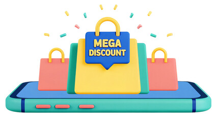 Discounts 3D Illustration promotional graphic for a mega discount on shopping.