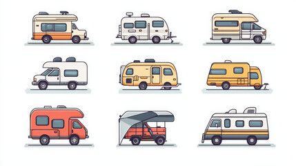 Fototapeta premium Camper trailers, travel house, camping vehicles icon set of vector illustrations. Trailers and hindcarriages for tourism and vacation, tourists vans, caravans and trucks. Recreation camp transport.