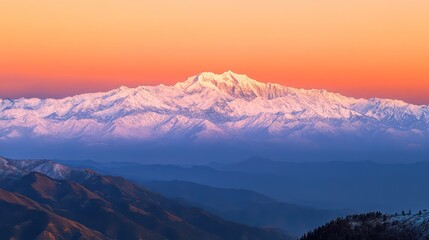 Sunrise over snowy Himalayan mountain range, scenic vista, travel poster