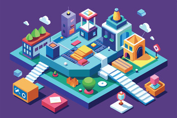 A vibrant isometric landscape displays various buildings, pathways, and decorative items in a playful design, Scope Customizable Isometric Illustration