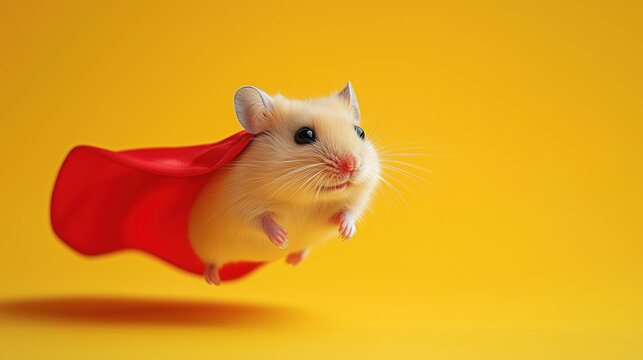 Superhero hamster flying and wearing red cape on yellow background
