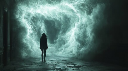 Obraz premium Dramatic nightmare scene where a person confronts their deepest fears head on surrounded by dark twisted imagery but gradually the visuals soften and become serene as they process their trauma