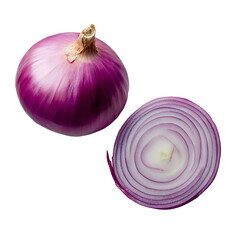 whole and half cut red onion isolated on transparent background