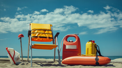 Lifeguard equipment set of cards vector illustration. Rescue worker station. Lifeguard training. Supplies such as life vest, chair, flag, whistle, megaphone, rescue can, bottle.