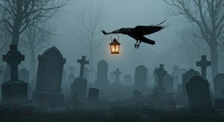 Fototapeta premium Raven with Lantern over Misty Graveyard
