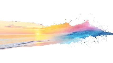 Obraz premium Vibrant paint splash forming the outline of a calm beach during sunset isolated on a transparent background