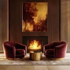 A cozy living space with a burning fireplace and chairs
