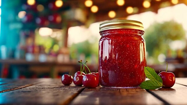Homemade cherry jam in a glass jar on a wooden table