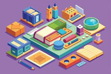Obraz premium A variety of customizable scrapbooking tools are artistically arranged, showcasing colors and shapes, Scrapbooking Customizable Isometric Illustration