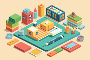 Obraz premium A colorful and organized workspace features scrapbooking materials and tools for creative projects, Scrapbooking Customizable Isometric Illustration