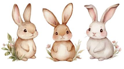 Fototapeta premium Cute Hand-Drawn Cartoon Rabbits with Floral Elements for Kids