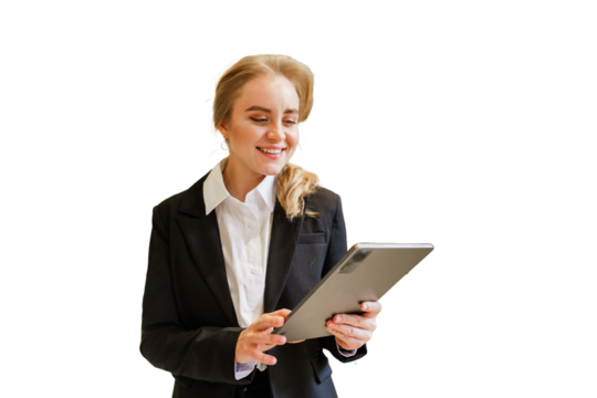 Woman in black suit smiling while using a tablet in a bright and clean environment indoors