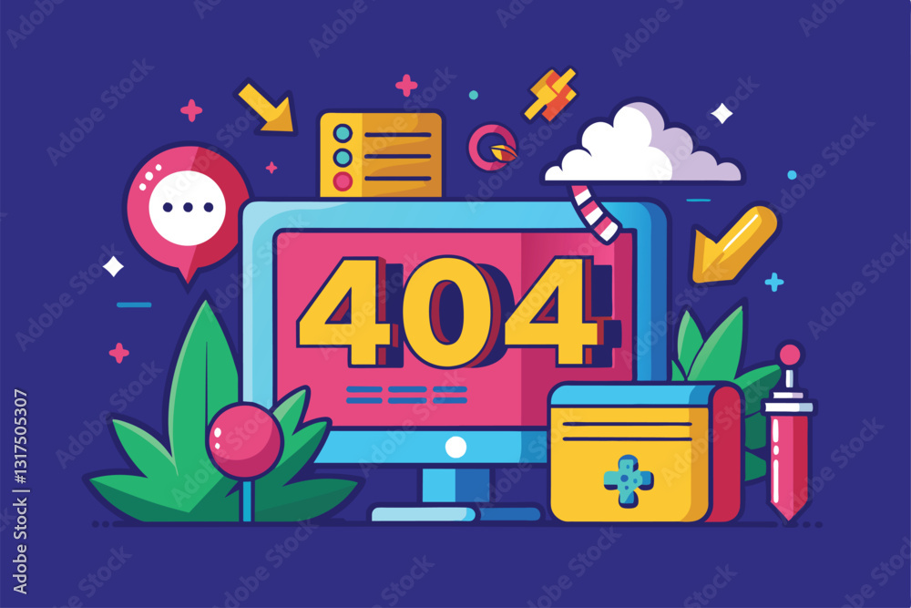 Poster a computer screen shows a vibrant 404 error with playful graphics, indicating a requested page is no