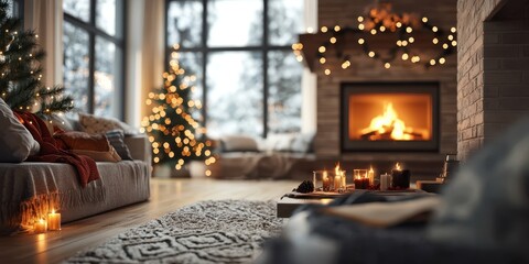 Cozy living room features a fireplace and lighted Christmas tree