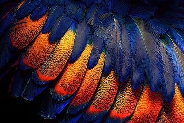 Fototapeta premium Vibrant Blue And Orange Parrot Feathers Displayed