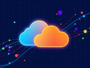 Digital clouds representing cloud migration with data points and network connections